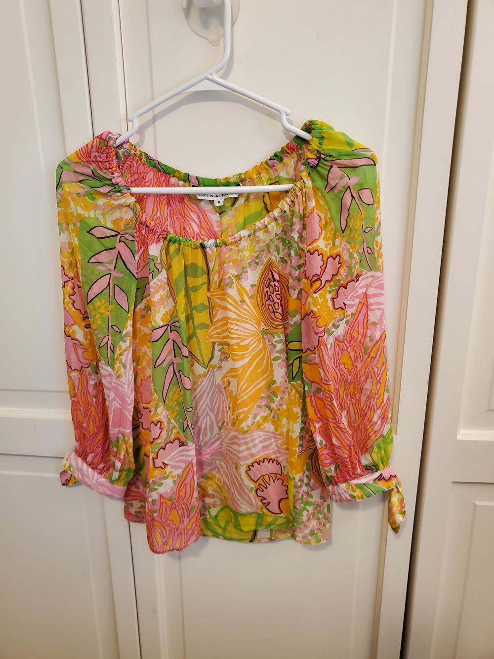 Trina Turk Sheer Blouse, Pink/Yellow/Green, Size SP/XSP
